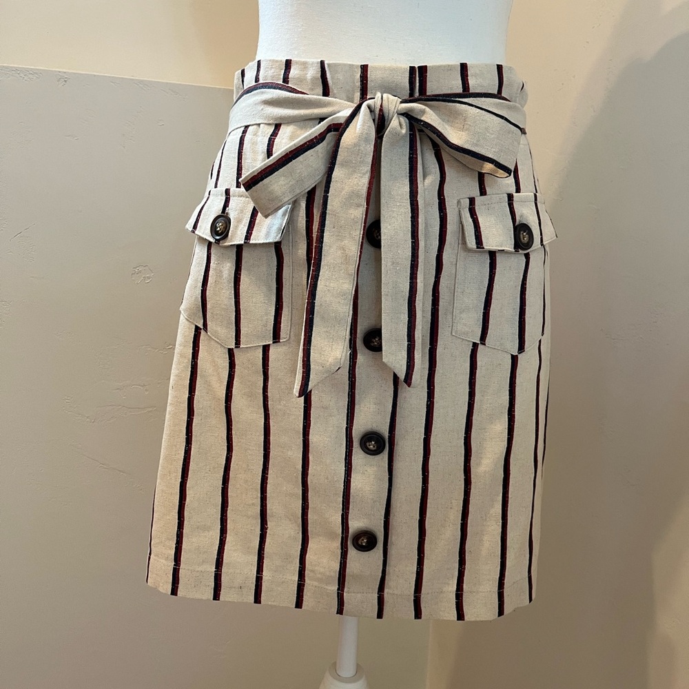 Blu Pepper Day to Day Striped Beige, Red and Navy Button-Front Skirt